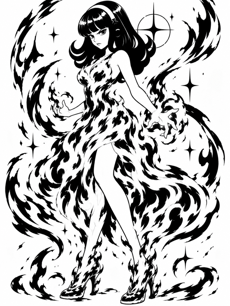 Monochrome Hermes archetype surrounded by flowing black flame forms